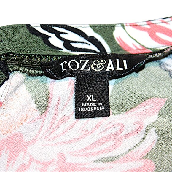 Roz & Ali XL Floral Knit Top Olive Green Coral Cap Sleeve Plus Size Summer - Picture 6 of 9